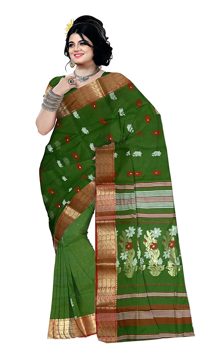 Pradip Fabrics Ethnic Women's Tant Cotton Dark Green Color Saree