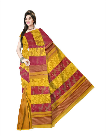 Pradip Fabrics Ethnic Women's Cotton Tant Gap Jamdani Yellow Color Saree