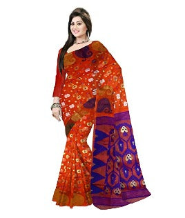 Pradip Fabrics Woven Tant Silk Gap Dhakai Jamdani Orange Saree