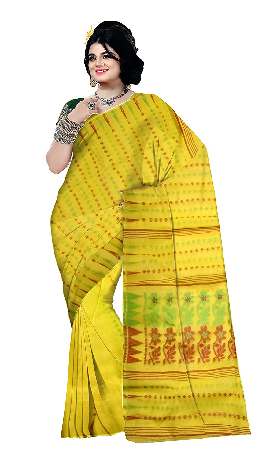 Pradip Fabrics Ethnic Women's Tant  Yellow Color Jamdani Saree