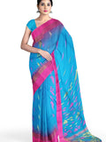 Pradip Fabrics Woven Tant Silk Blend Light Blue and Pink Baluchari Saree