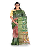 Pradip Fabrics Ethnic Women's Tant Silk Green and Orange Baluchari Color Saree