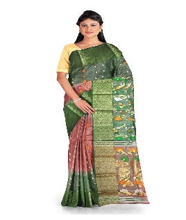 Pradip Fabrics Ethnic Women's Tant Silk Green and Orange Baluchari Color Saree