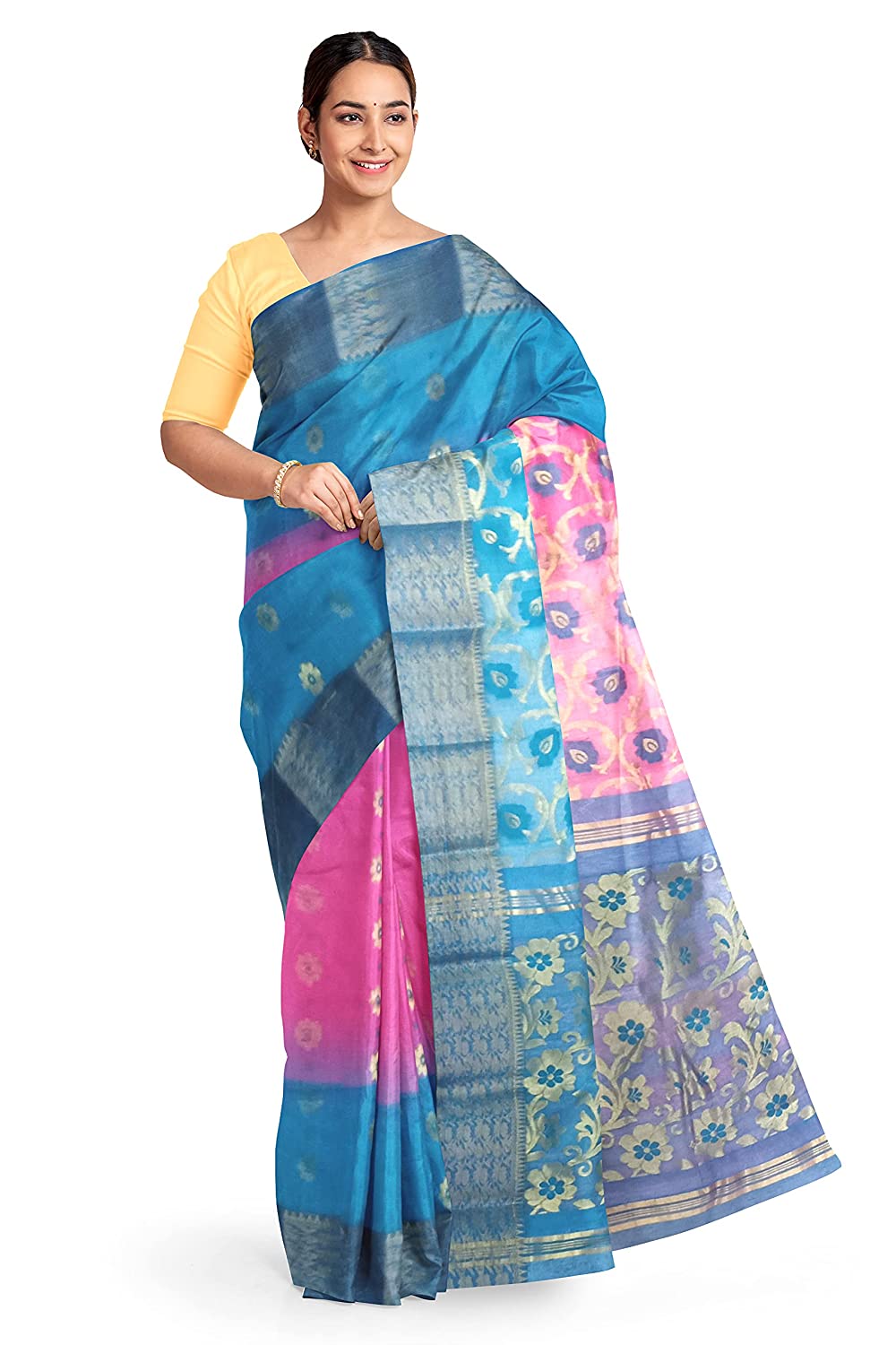 Pradip Fabrics Blue and Pink Tant Silk Blend Saree