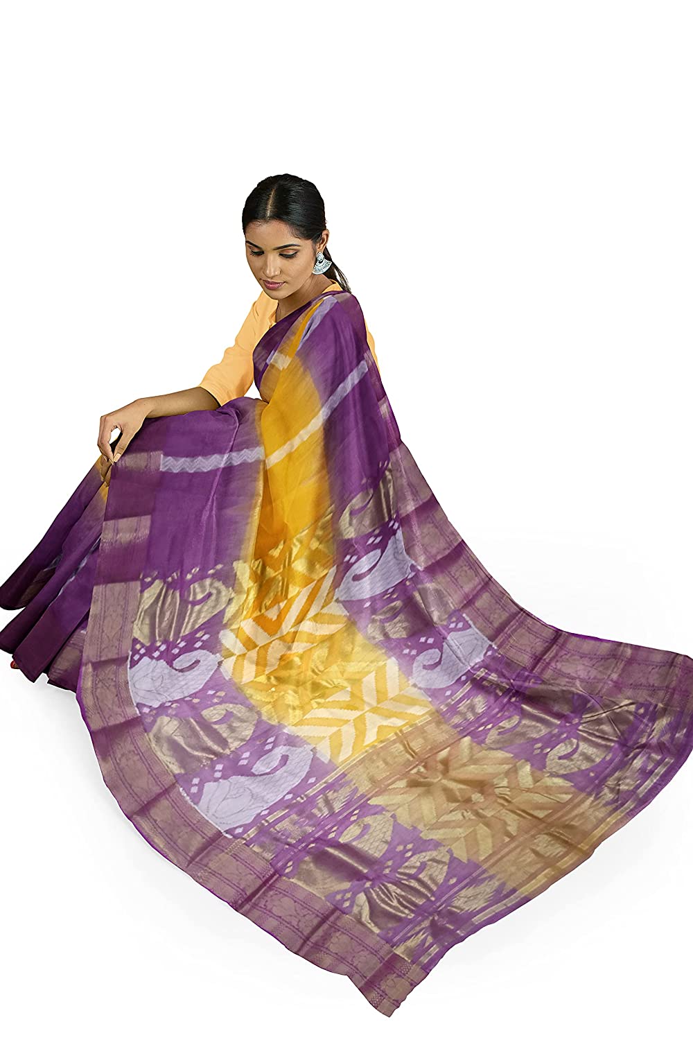 Pradip Fabrics Yellow and Purple Tant Silk Blend Saree