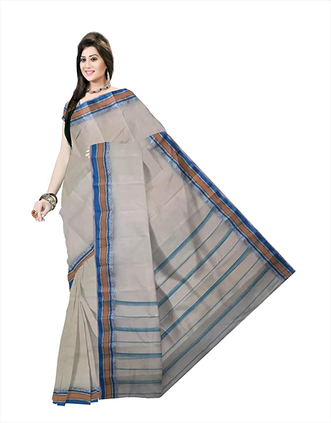 Pradip Fabrics Ethnic Women's Grey body and Blue Border Pure Tant Cotton Saree