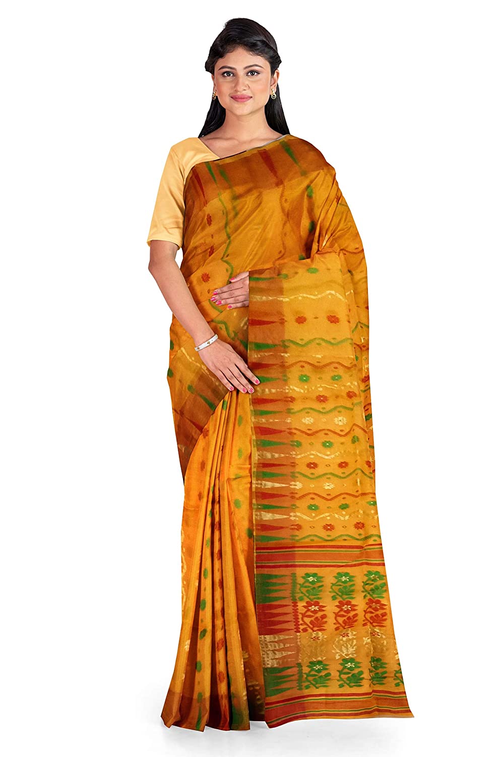 Pradip Fabrics Ethnic Women's Tant Jamdani Yellow Color Saree