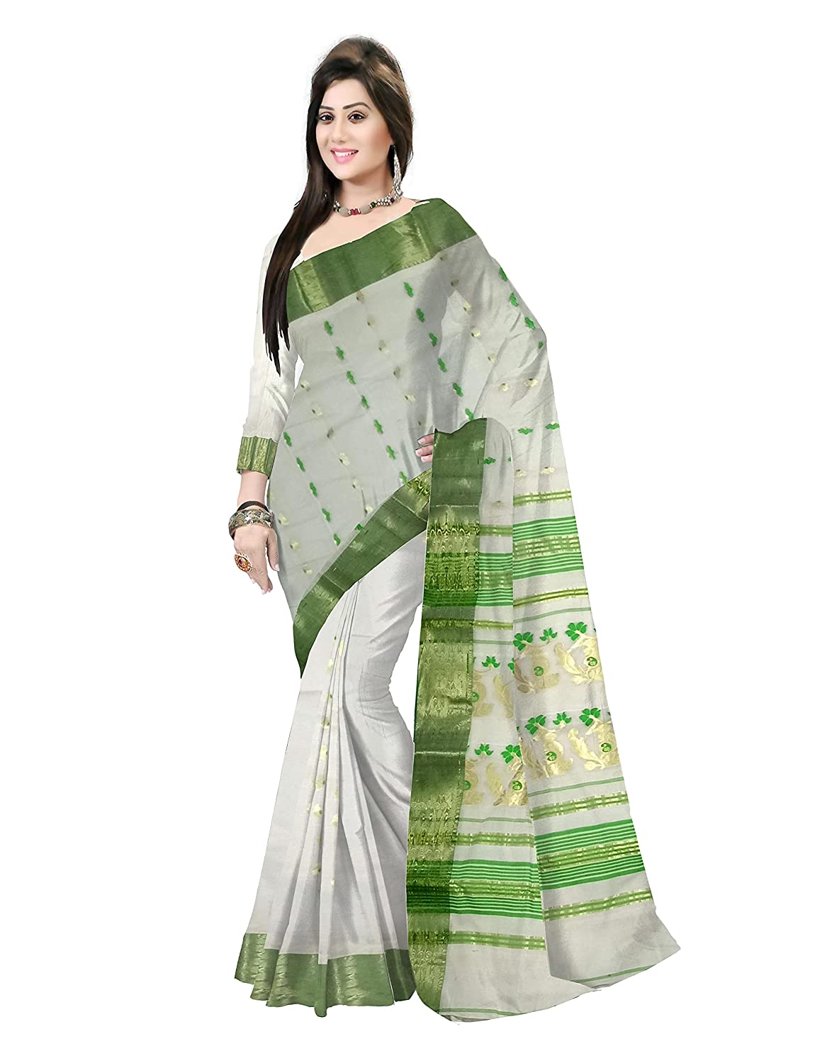 Pradip Fabrics Ethnic Women's Tant Cotton White Color Saree