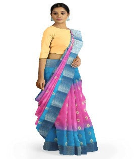 Pradip Fabrics Blue and Pink Tant Silk Blend Saree