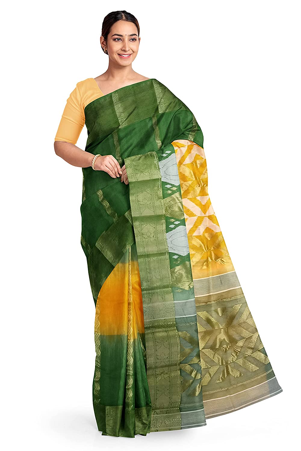 Pradip Fabrics Yellow and Green Tant Silk Blend Saree