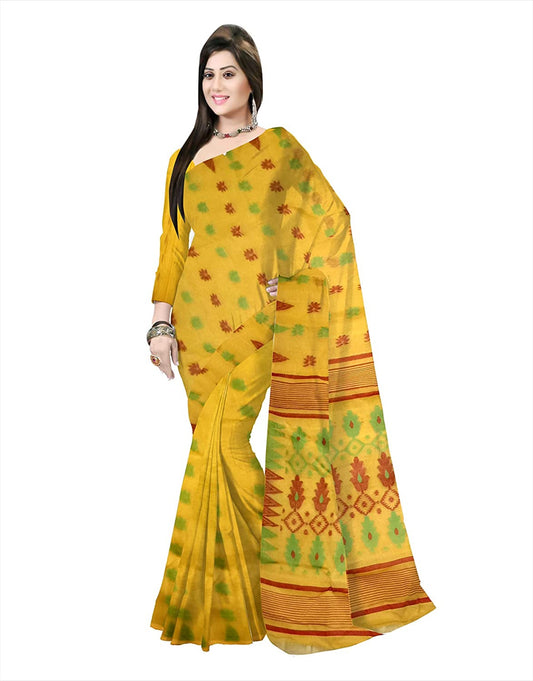Pradip Fabrics Ethnic Women's Tant jamdani Mustard Color Floral Design Saree