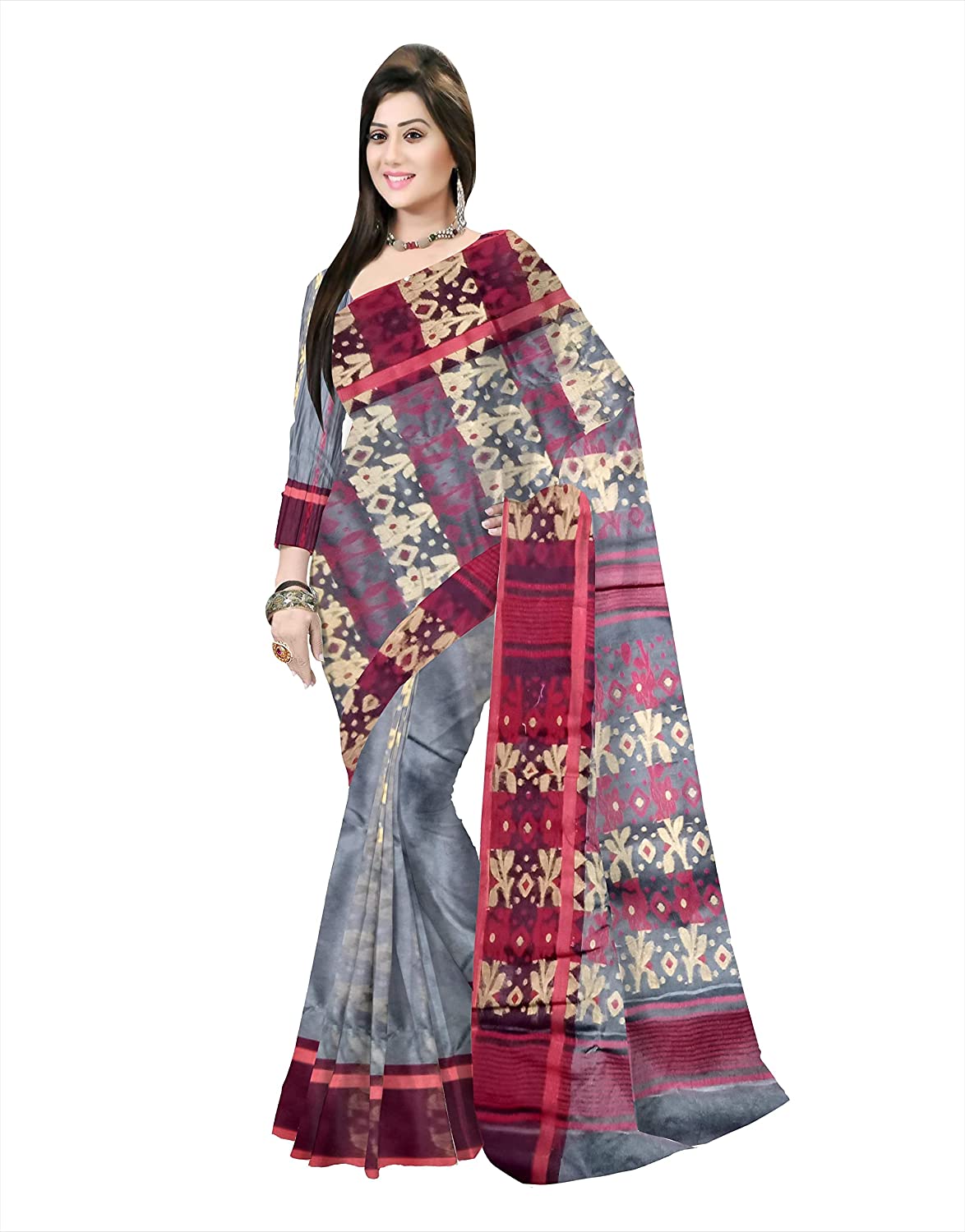Pradip Fabrics Ethnic Women's Tant jamdani Ash Color Saree