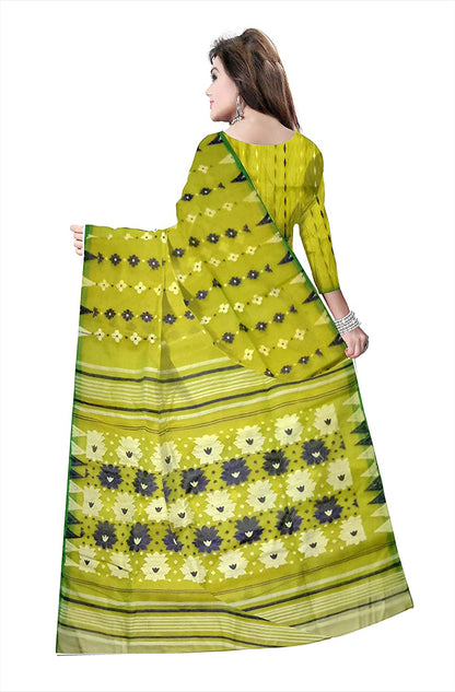 Pradip Fabrics Ethnic Women's Tant jamdani Yellow Green Color Saree