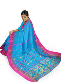 Pradip Fabrics Woven Tant Silk Blend Light Blue and Pink Baluchari Saree