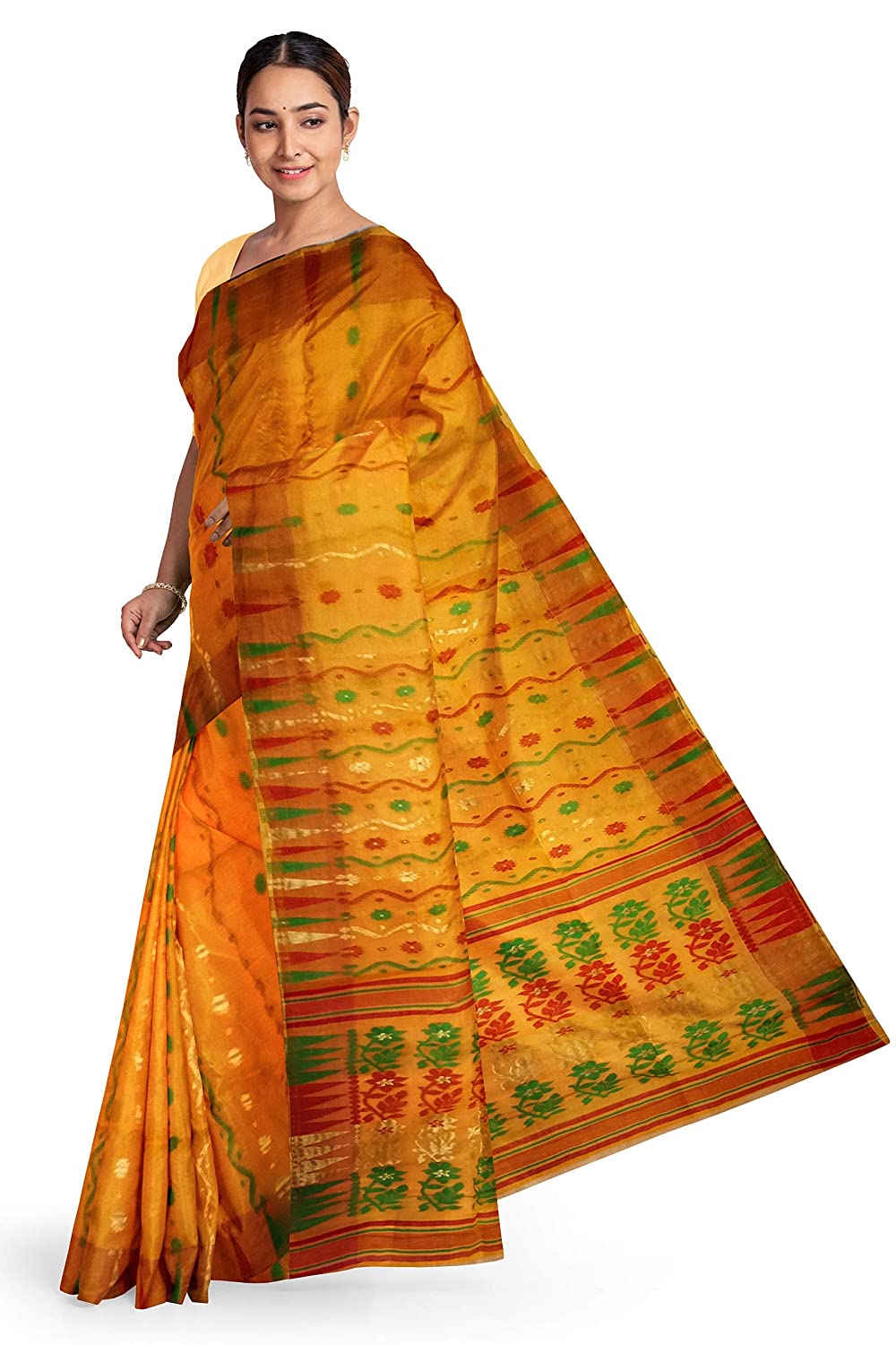 Pradip Fabrics Ethnic Women's Tant Jamdani Yellow Color Saree