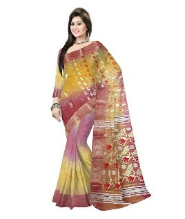 Pradip Fabrics Woven Tant Silk Yellow and Purple color Blend Saree