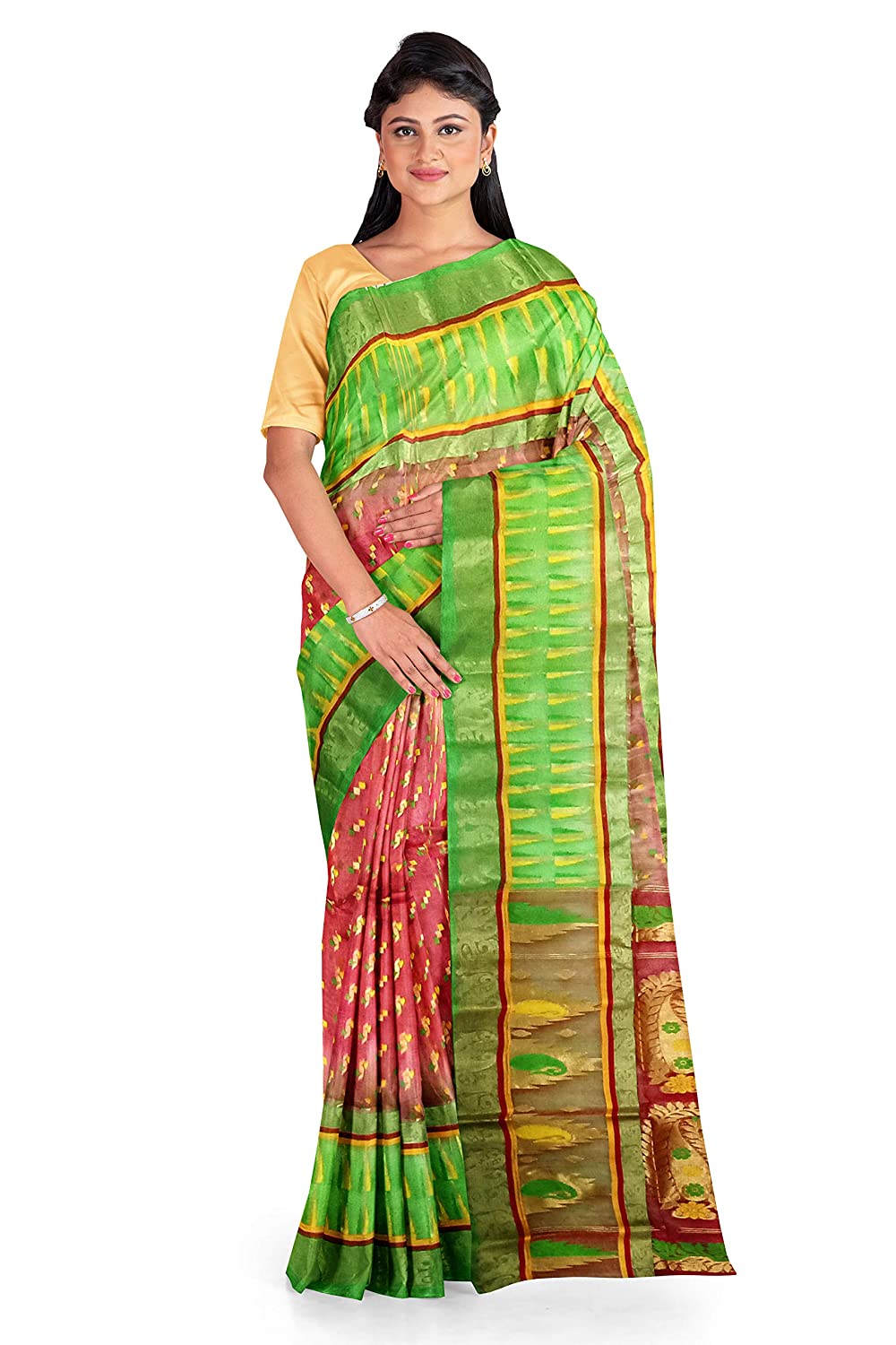 Pradip Fabrics Ethnic Women's All over Tant Jamdani Pink and Green Color Saree