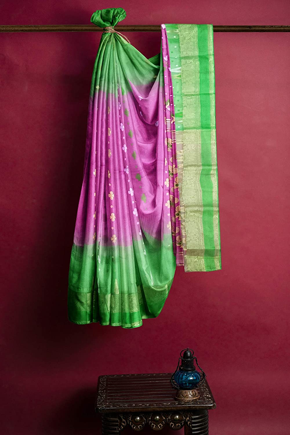 Pradip Fabrics Ethnic Women's Tant Silk Green, Pink Color Saree