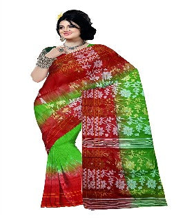 Pradip Fabrics Ethnic Women's Cotton Tant Gap Jamdani Red and Green Color Saree