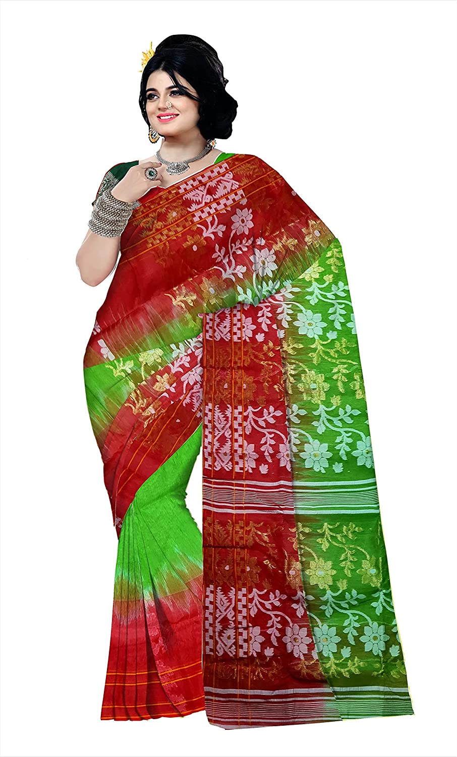 Pradip Fabrics Ethnic Women's Cotton Tant Gap Jamdani Red and Green Color Saree