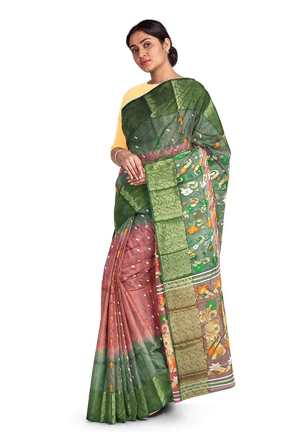Pradip Fabrics Ethnic Women's Tant Silk Green and Orange Baluchari Color Saree