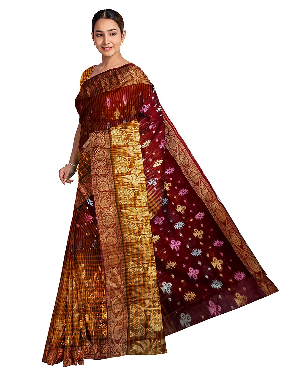 Pradip Fabrics Ethnic Women's and Girl's Maroon and Gold Baluchari saree