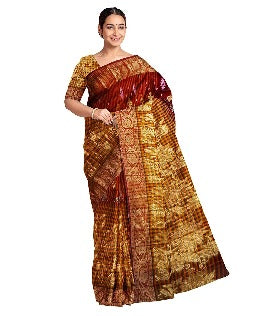 Pradip Fabrics Ethnic Women's and Girl's Maroon and Gold Baluchari saree