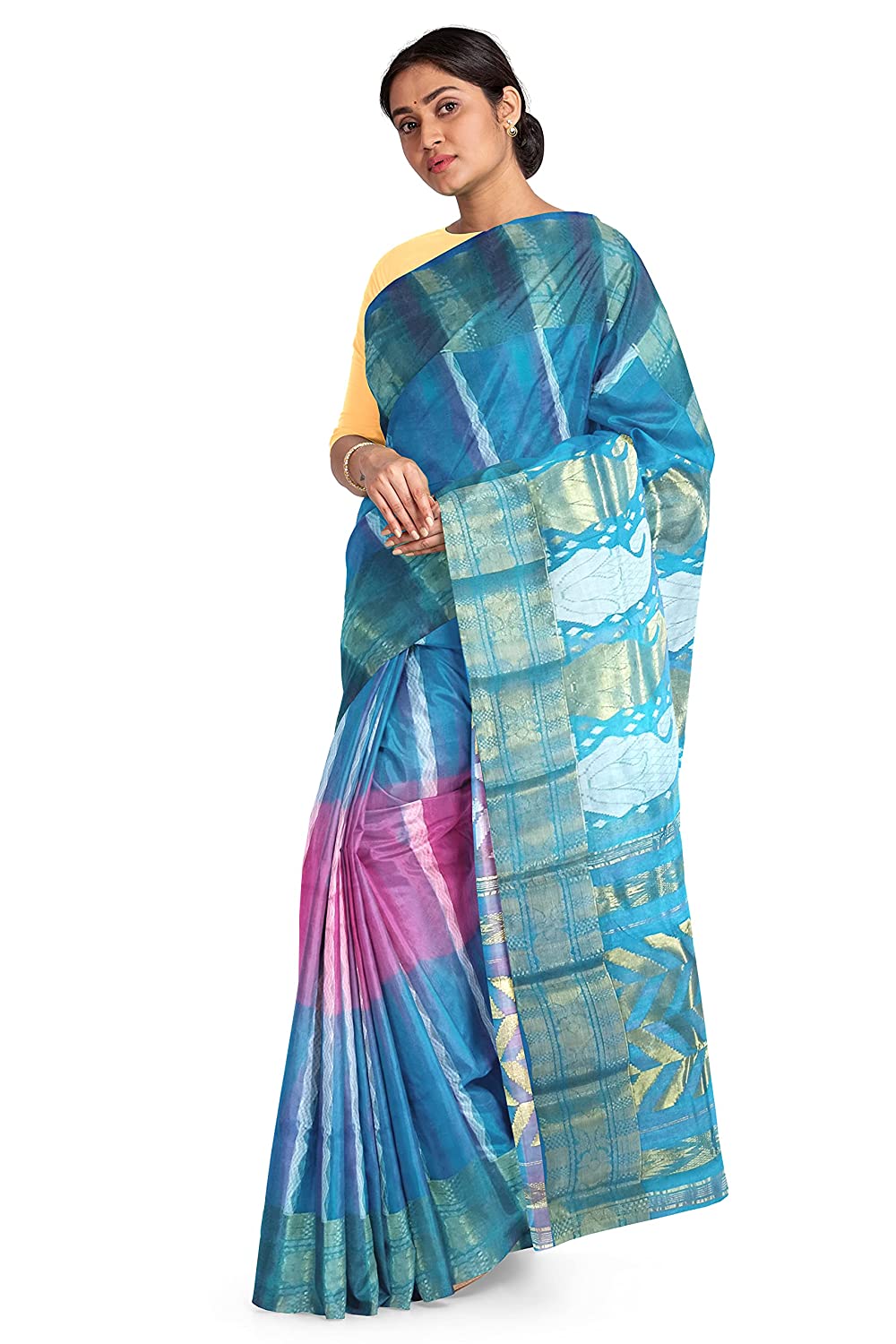 Pradip Fabrics Blue and Pink Tant Silk Blend Saree