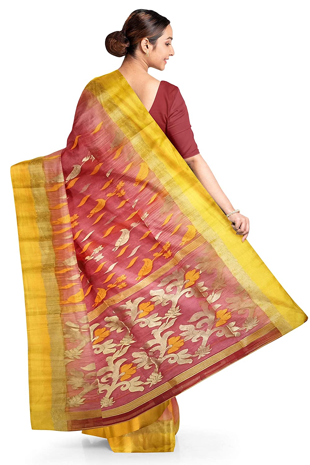 Pradip Fabrics Woven Tant Silk Blend Yellow and Red Baluchuri Saree