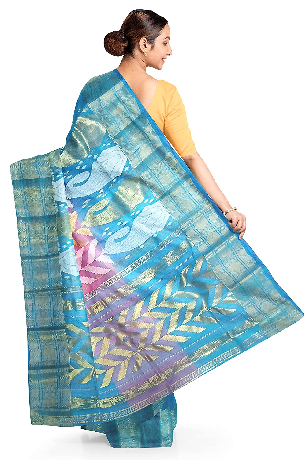 Pradip Fabrics Blue and Pink Tant Silk Blend Saree