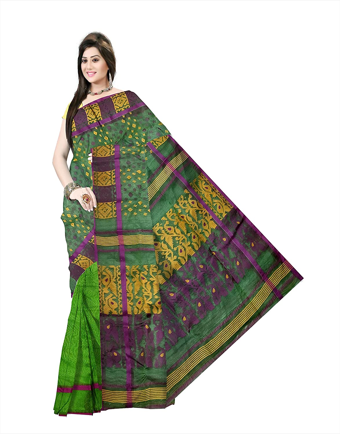Pradip Fabrics Ethnic Women's Tant jamdani Green Color Saree