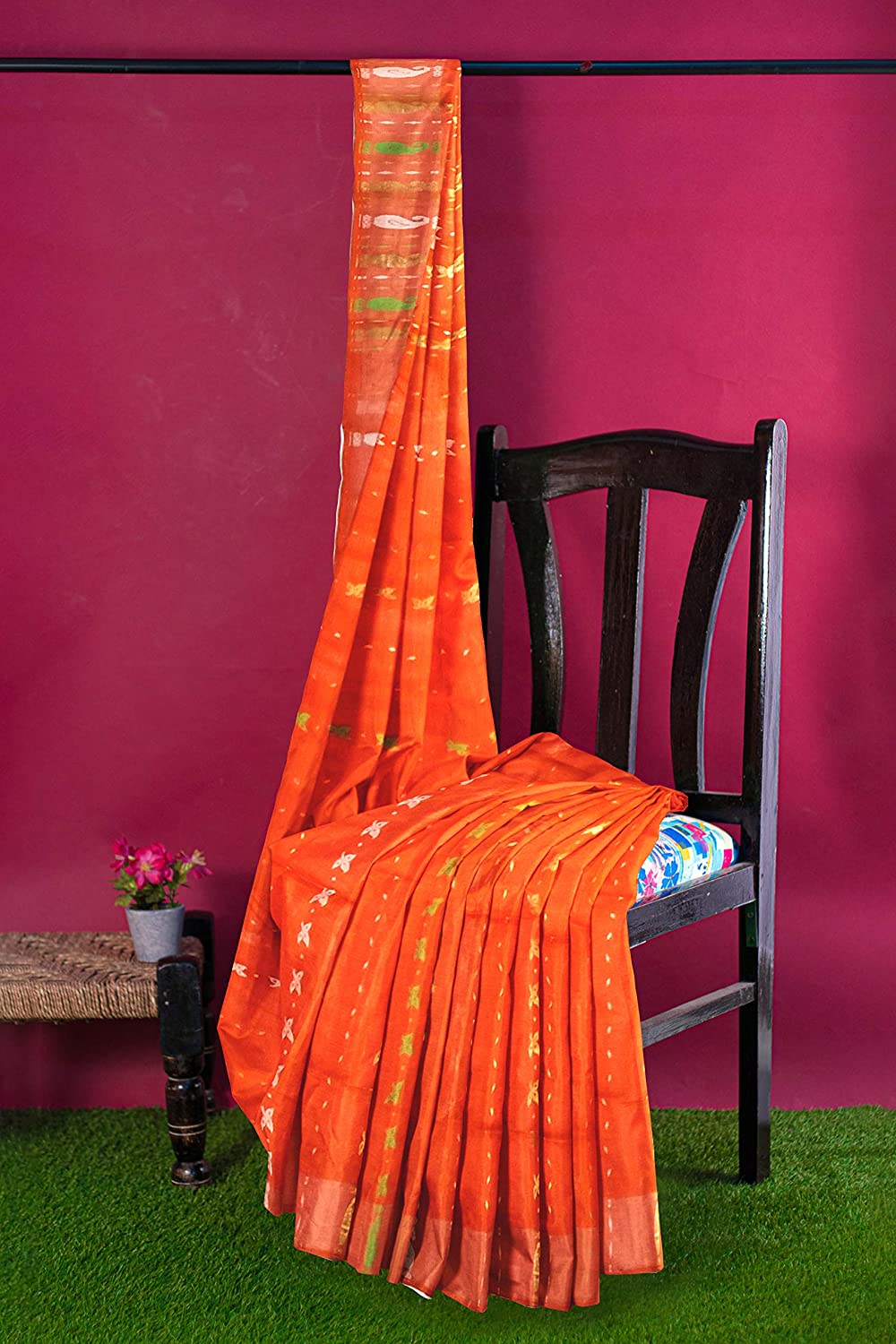 Pradip Fabrics Ethnic Women's Tant Jamdani Dark Orange Color Saree