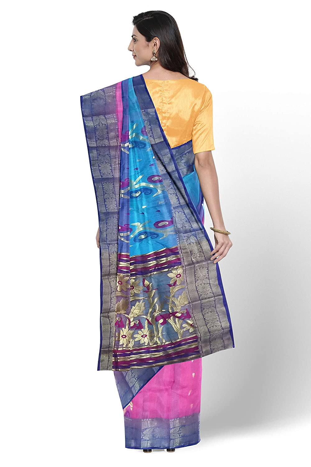 Pradip Fabrics Woven Pink and Blue Tant Silk Blend Saree