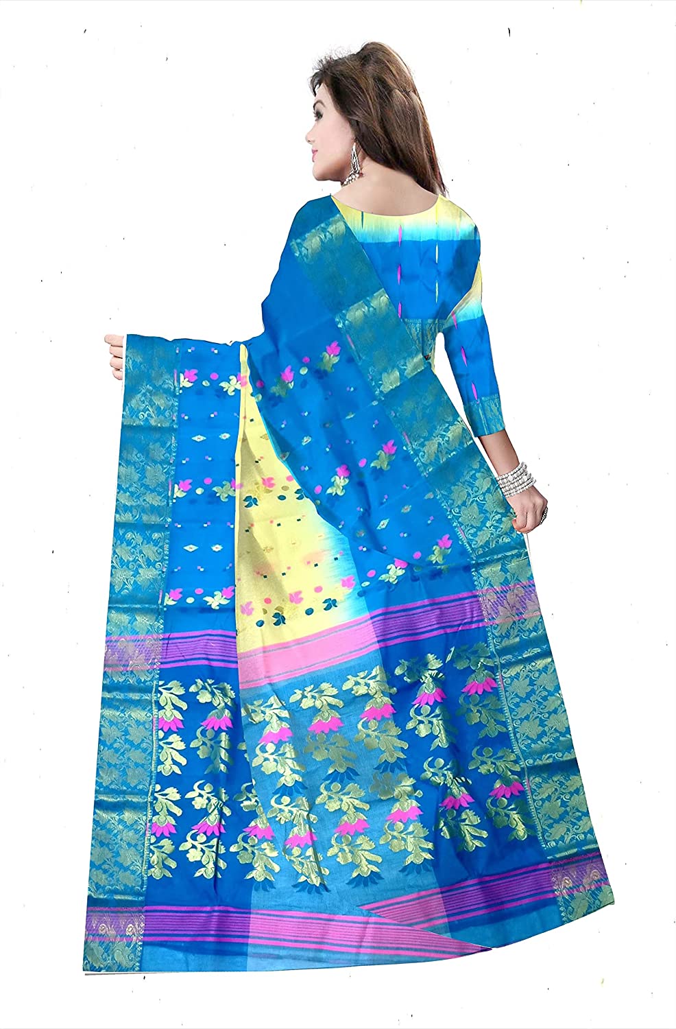 Pradip Fabrics Woven Tant Silk Sky Blue & Soft Yellow Color Saree