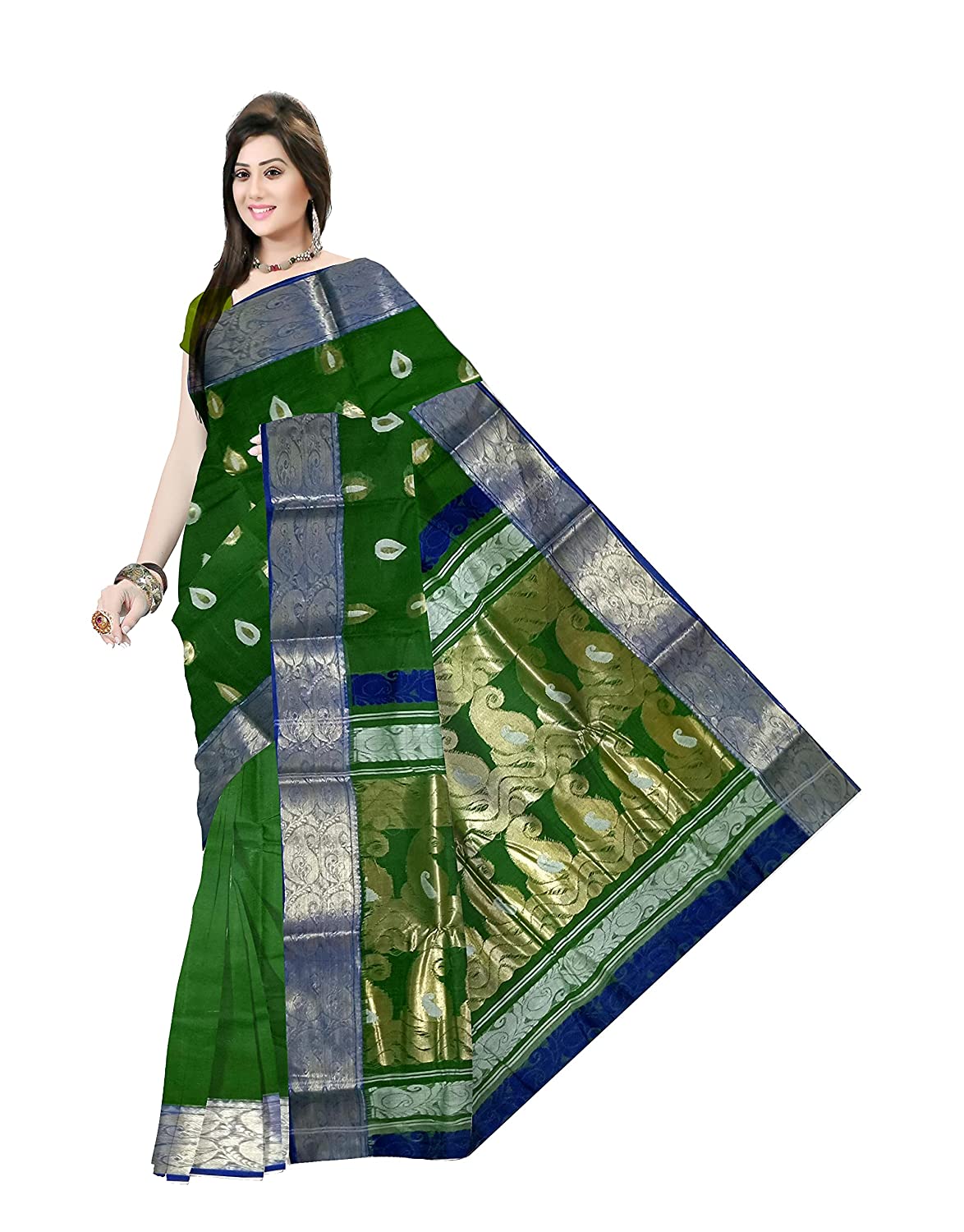 Pradip Fabrics Woven Tant Silk Green color Blend Saree