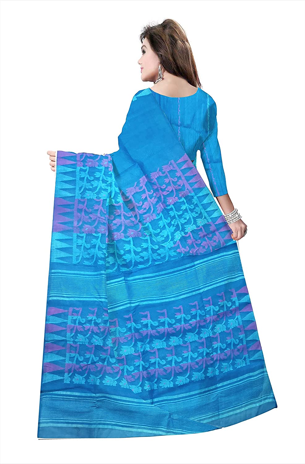 Pradip Fabrics Ethnic Women's Tant jamdani Sky Blue Color Floral Design Saree