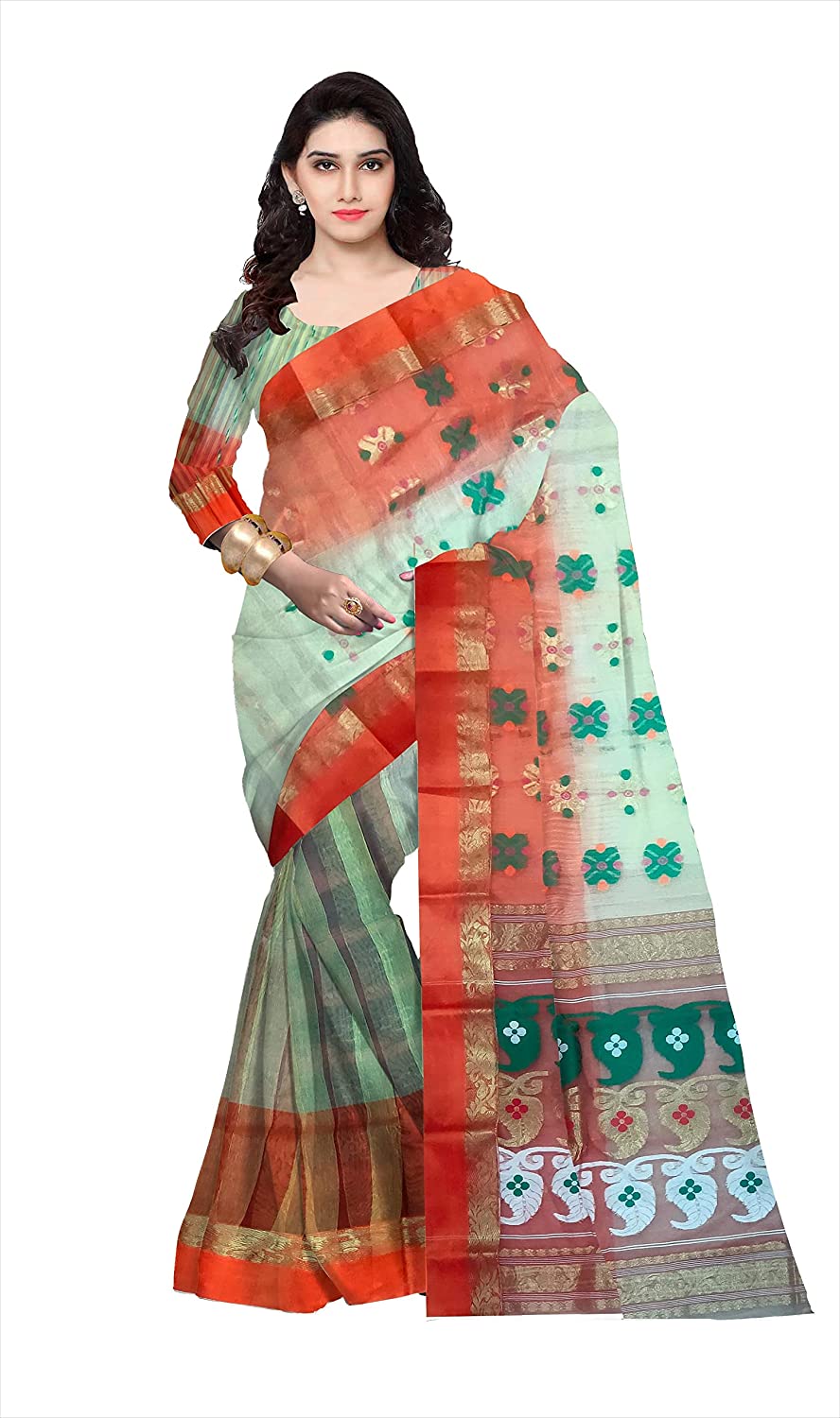 Pradip Fabrics Ethnic Women's Tant Silk Orange and White Color Saree