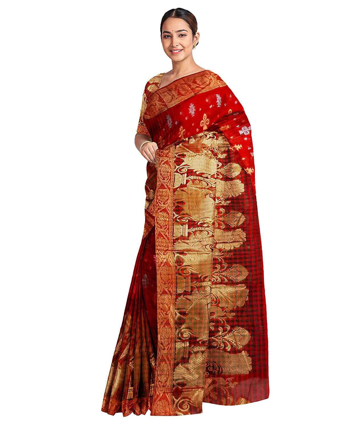 Pradip Fabrics Ethnic Women's and Girl's Red and Golden color Baluchari saree
