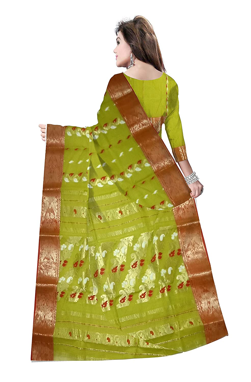 Pradip Fabrics Ethnic Women's Tant Cotton Olive Blue Color Saree