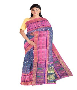 Pradip Fabrics Ethnic Women's All over Tant Jamdani Blue and Pink Color Saree