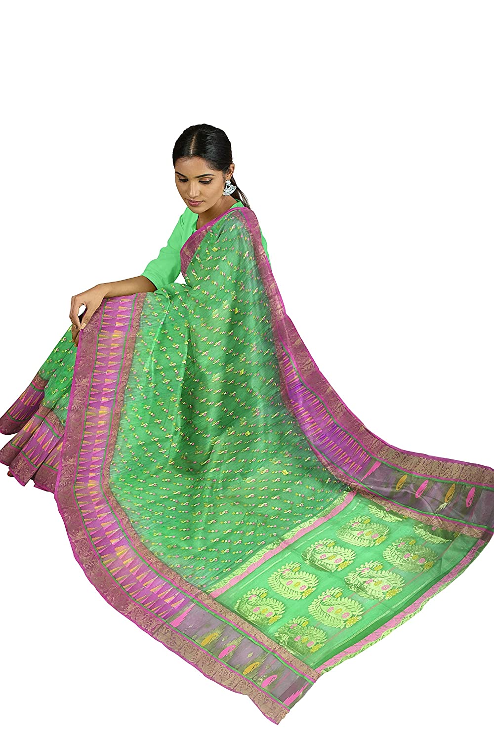 Pradip Fabrics Ethnic Women's All over Tant Jamdani Light Green and Pink Color Saree