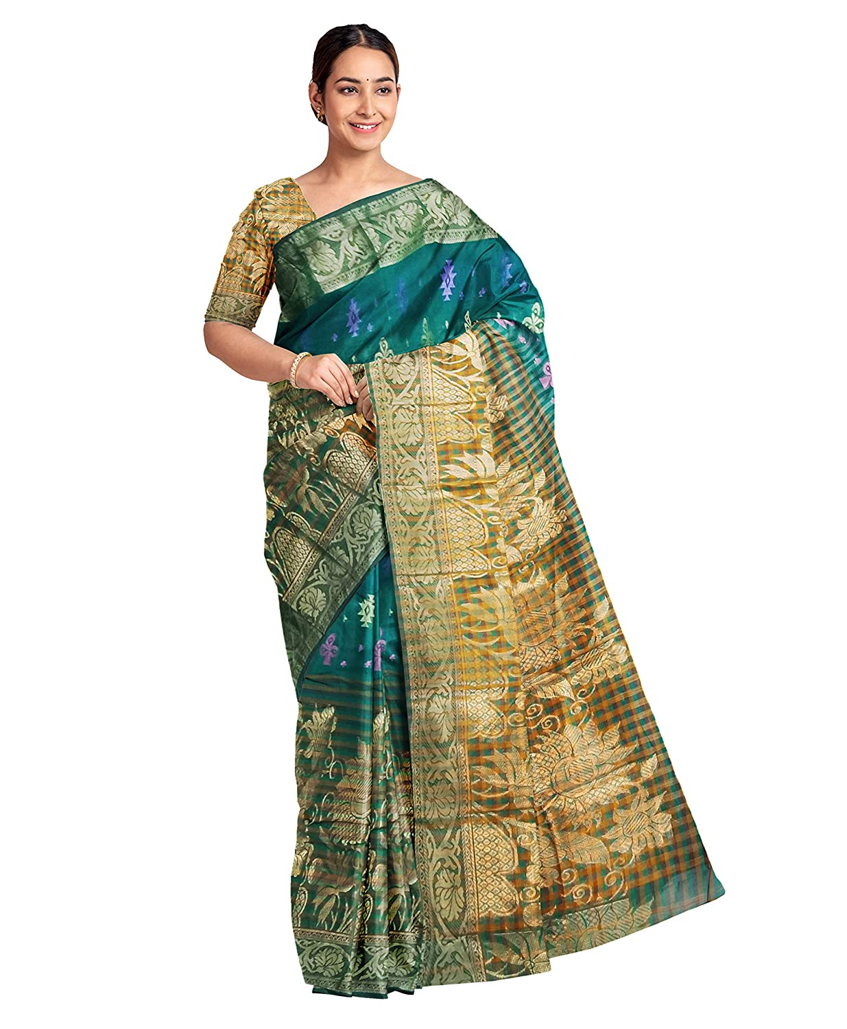 Pradip Fabrics Ethnic Women's and Girl's Teal and Gold color Baluchri saree