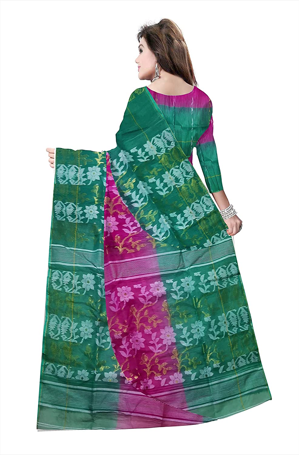 Pradip Fabrics Ethnic Women's Cotton Tant Gap Jamdani Sea Green and Pink Color Saree