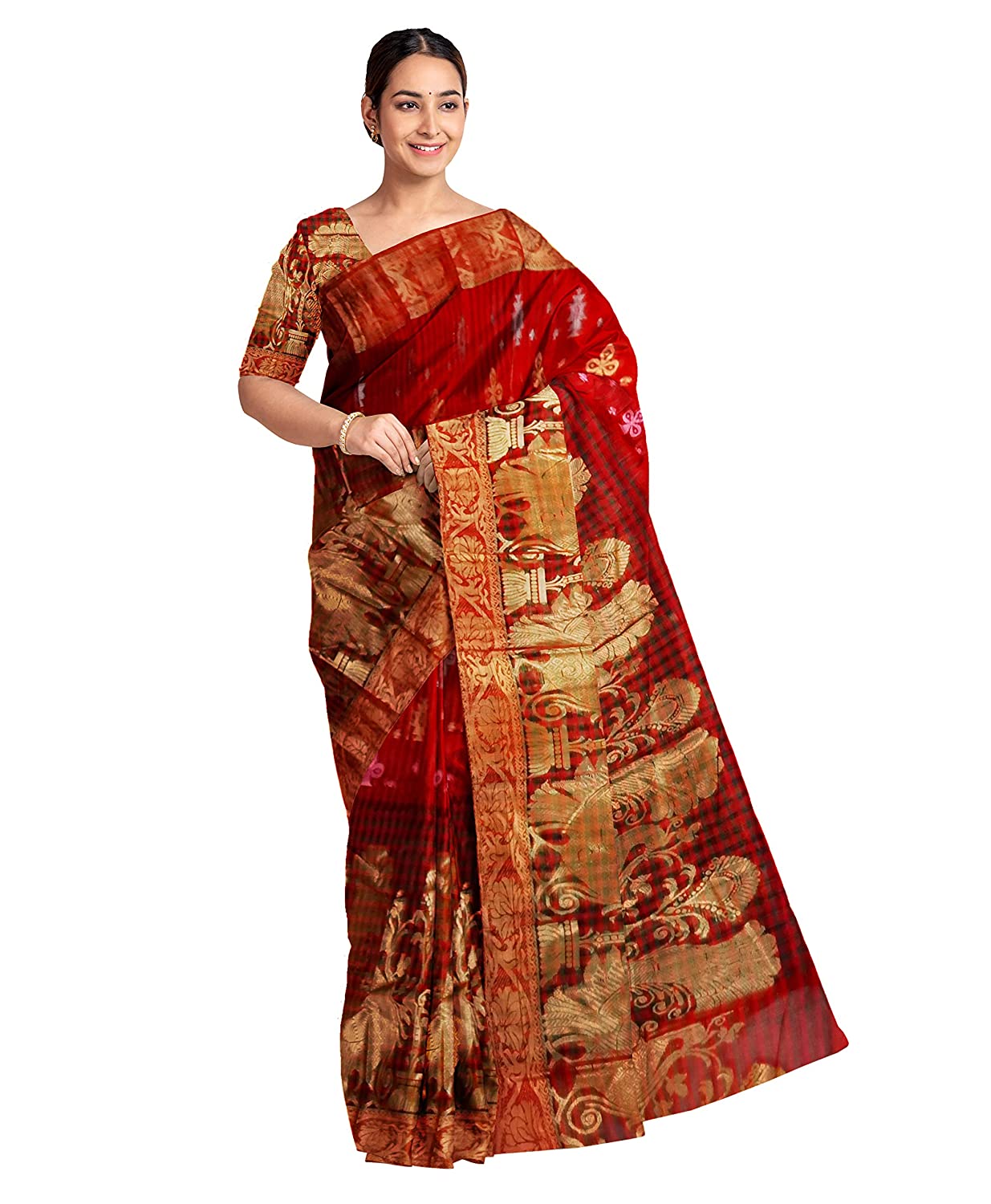 Pradip Fabrics Ethnic Women's and Girl's Red and Golden color Baluchari saree
