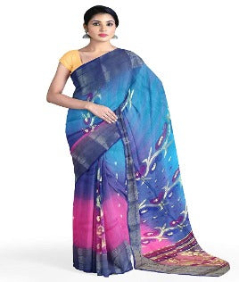 Pradip Fabrics Woven Pink and Blue Tant Silk Blend Saree