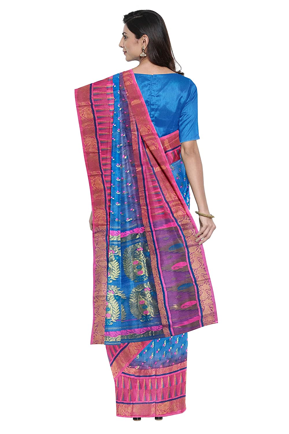 Pradip Fabrics Woven Tant Silk Blue and Pink Jamdani Saree