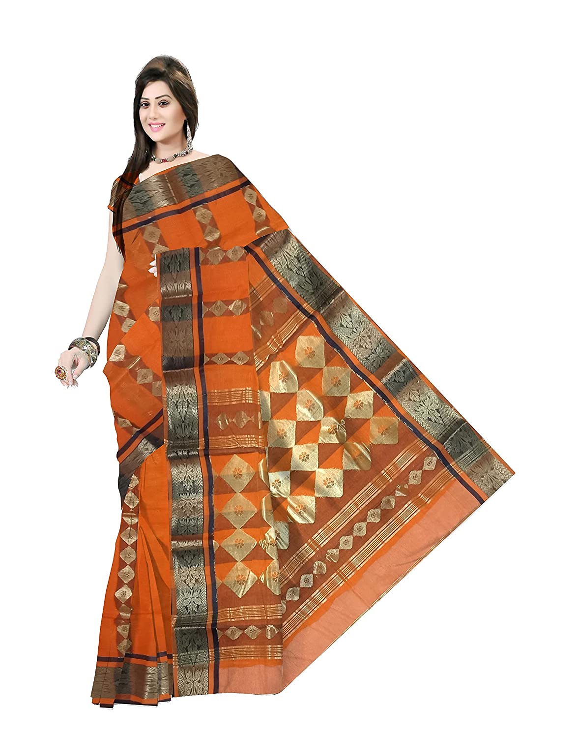 Pradip Fabrics Woven Tant Cotton Silk Orange Color Saree