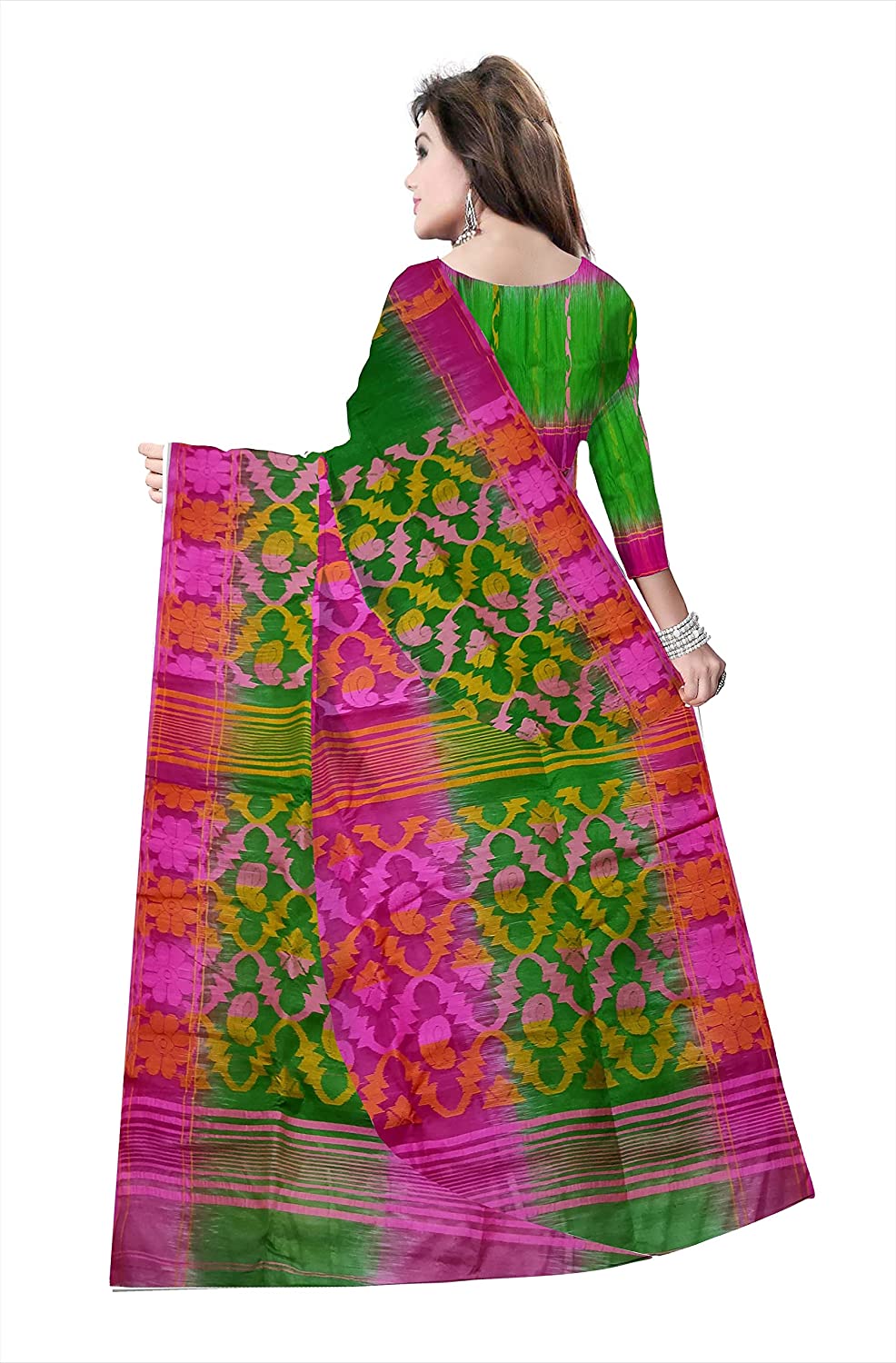 Pradip Fabrics Ethnic Women's Cotton Tant Gap Jamdani Green and Pink Color Saree