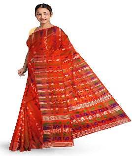 Pradip Fabrics Ethnic Women's Tant Jamdani Dark Orange Color Saree