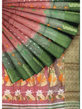 Pradip Fabrics Ethnic Women's Tant Silk Green and Orange Baluchari Color Saree